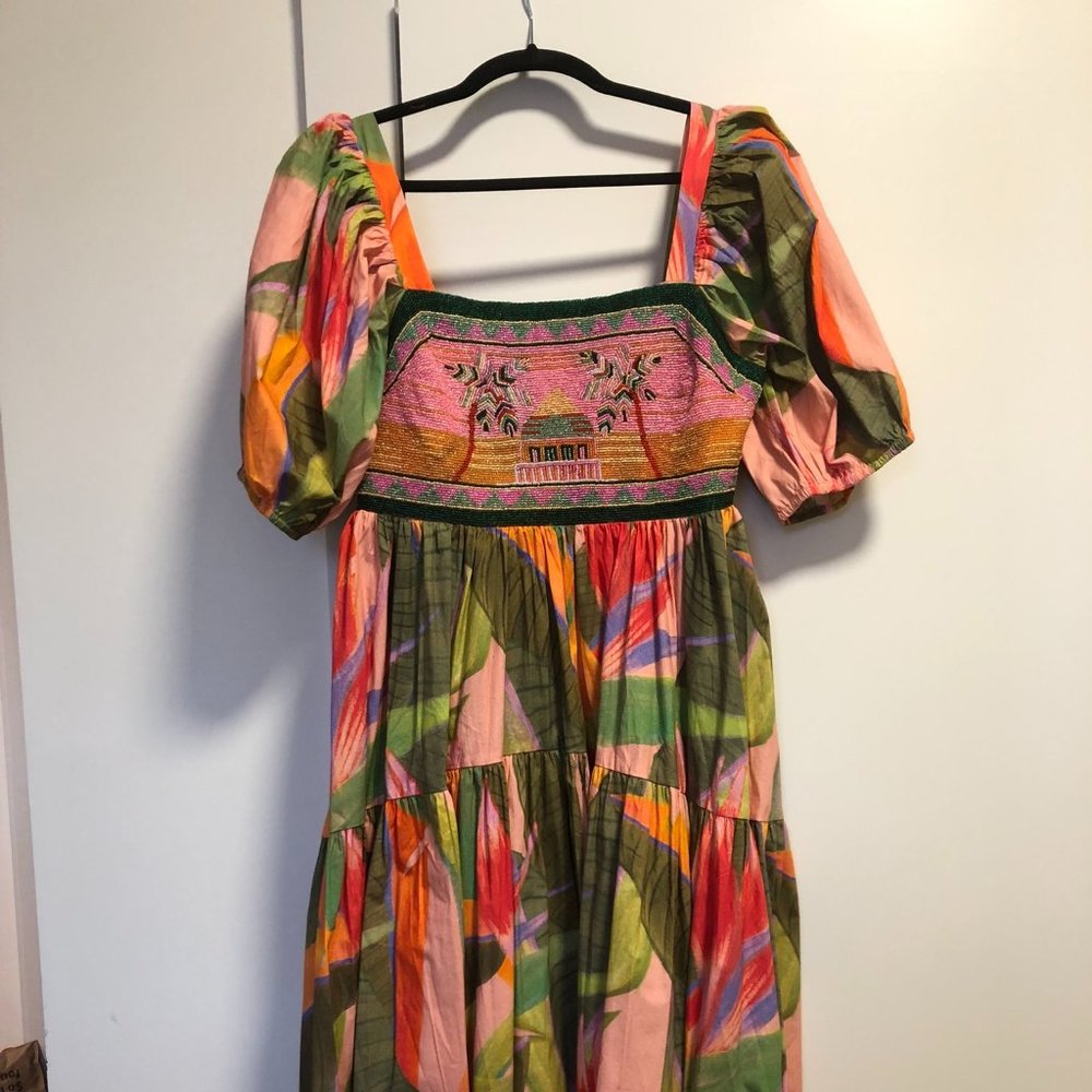 Farm Rio Midi Puff Sleeve Dress (Medium, Pink)